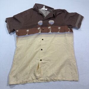 Coral Palms Shirt Men L Brown Beige Palm Tree Sunset‎ Aloha Button Hawaiian VTG